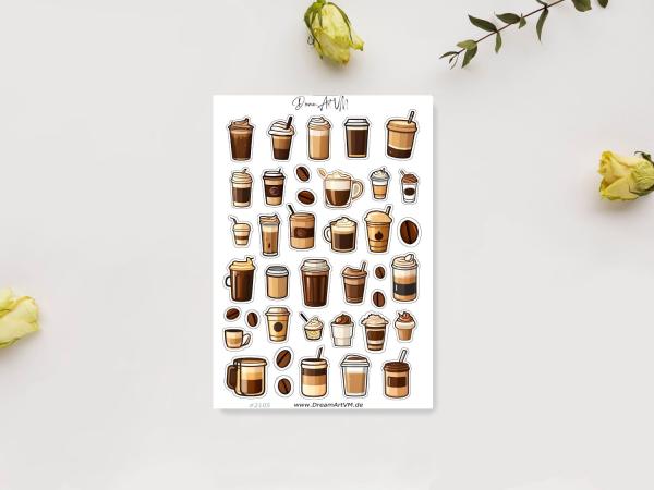 Aufkleber-Set mit verschiedenen Kaffeebechern, To-Go-Bechern und Kaffeebohnen, gestaltet von DreamArt VM, präsentiert auf einem weißen Hintergrund mit gelben Rosen.
